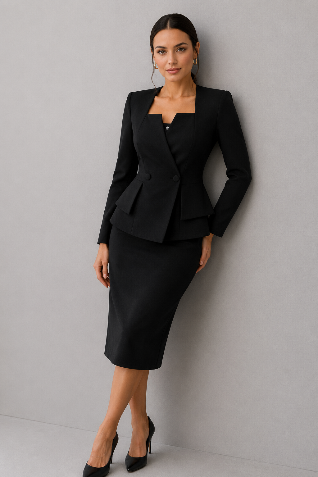 Elegantes zweiteiliges Damen-Set aus Jacke und Rock mit eckigem Ausschnitt