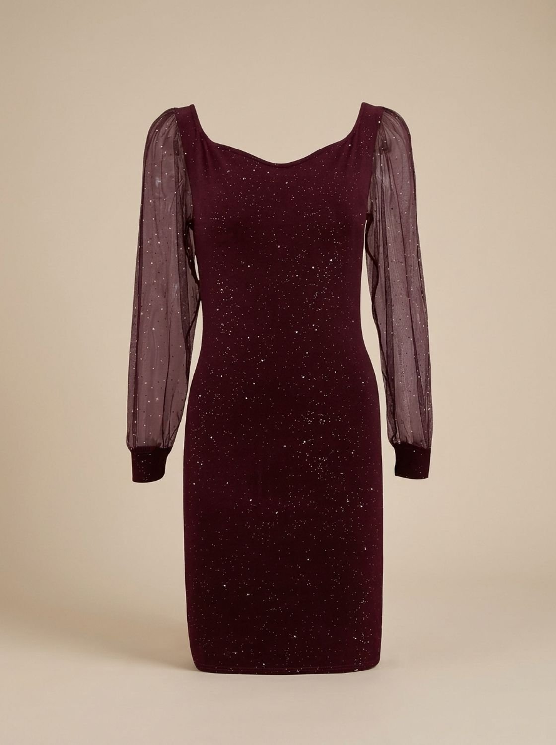 Eng anliegendes Damen-Weihnachtspartykleid mit Glitzer-Netzärmeln