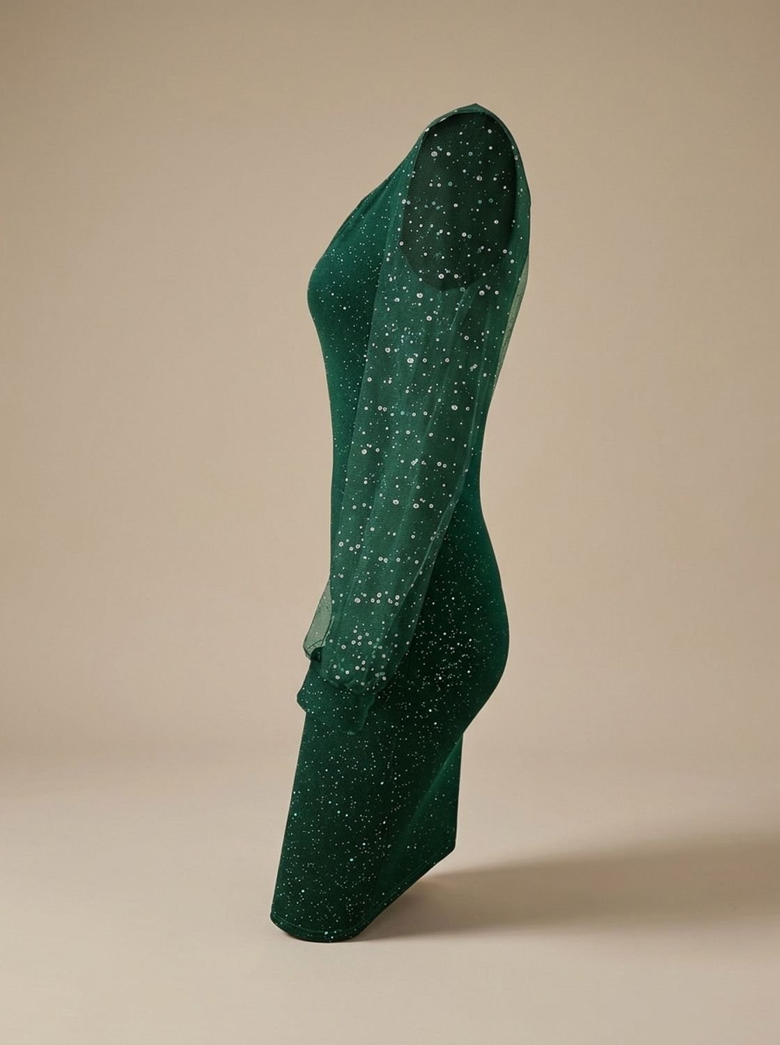 Eng anliegendes Damen-Weihnachtspartykleid mit Glitzer-Netzärmeln