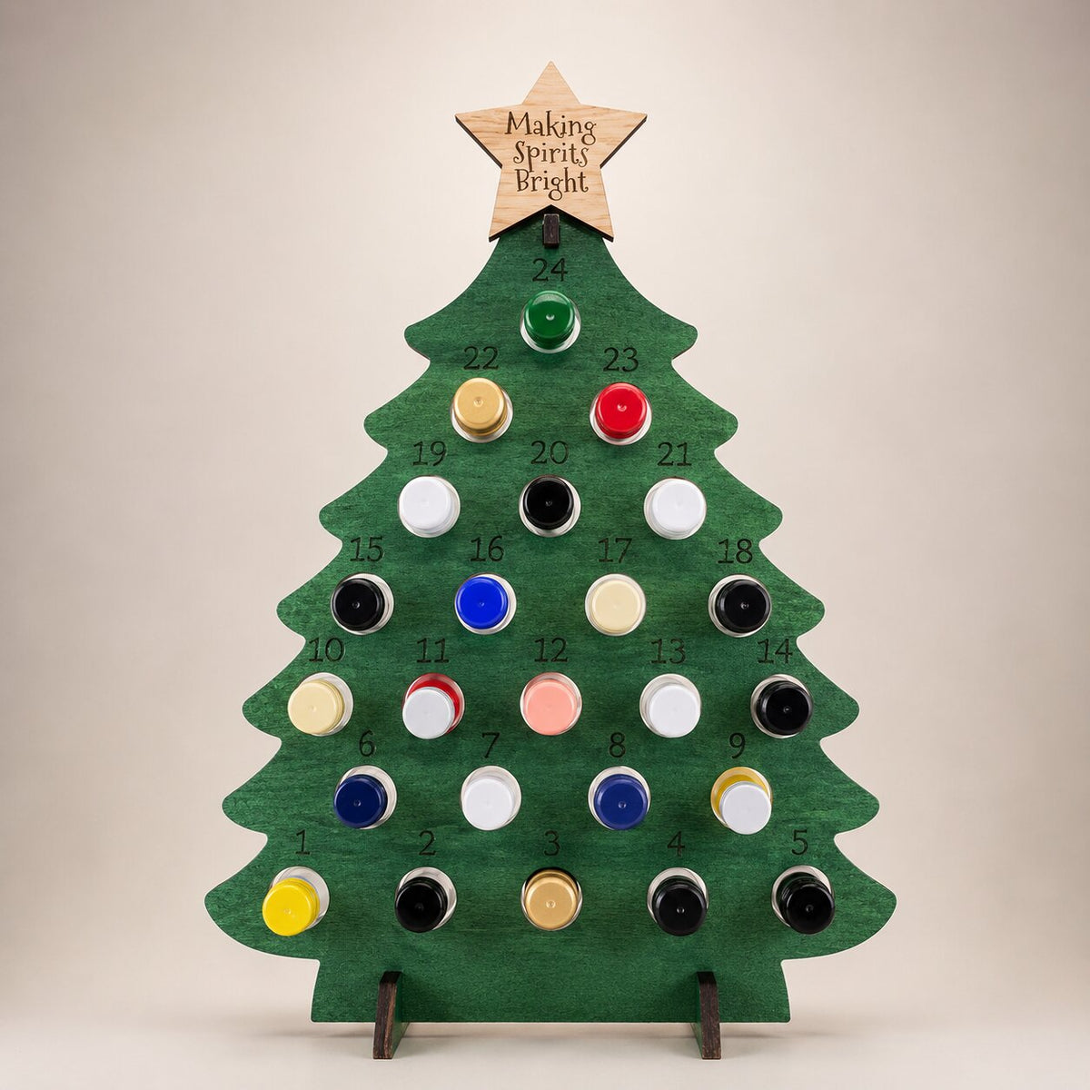Flaschen-Adventskalender aus Holz 2026 – Weihnachtsbaum mit 24 Flaschenfächern