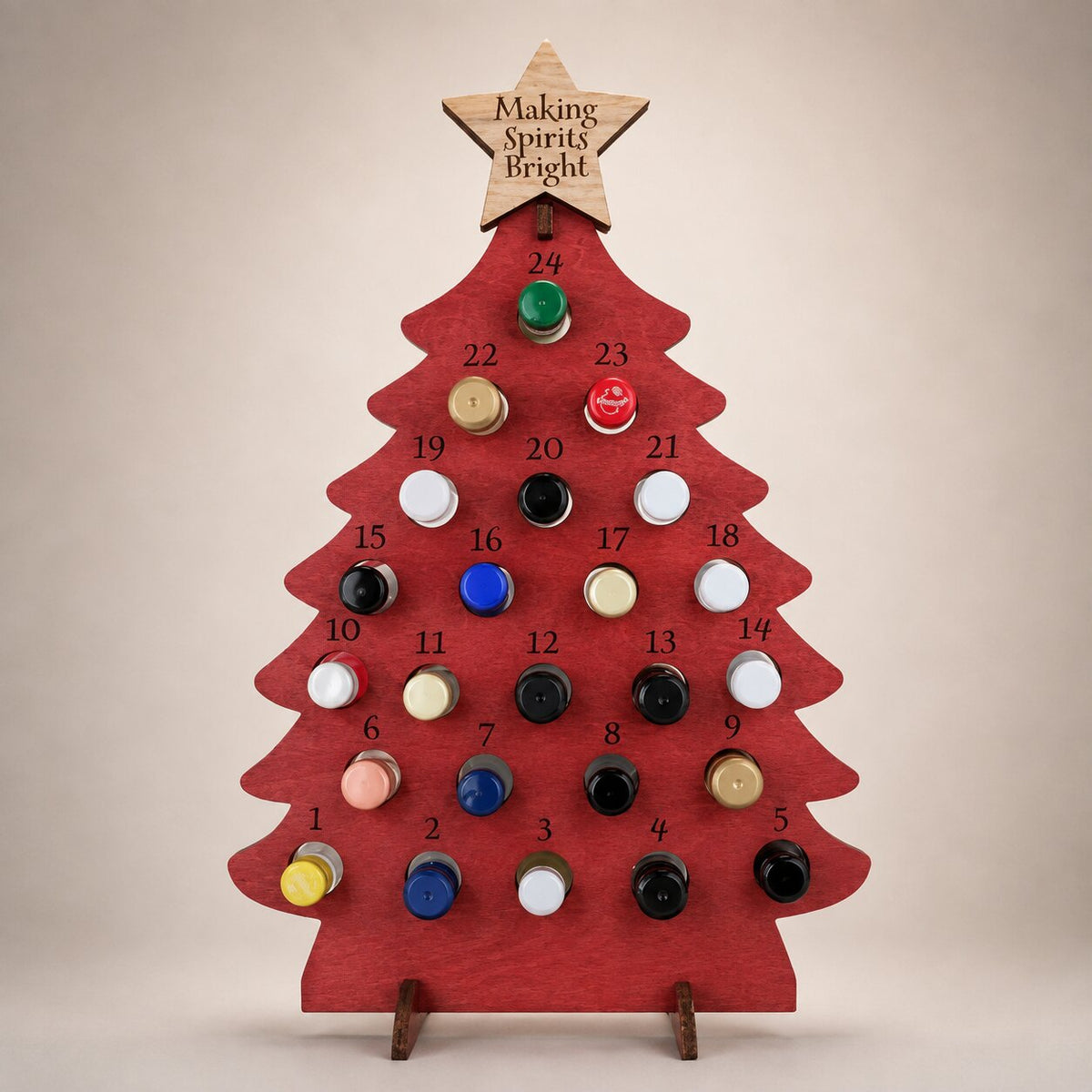 Flaschen-Adventskalender aus Holz 2026 – Weihnachtsbaum mit 24 Flaschenfächern