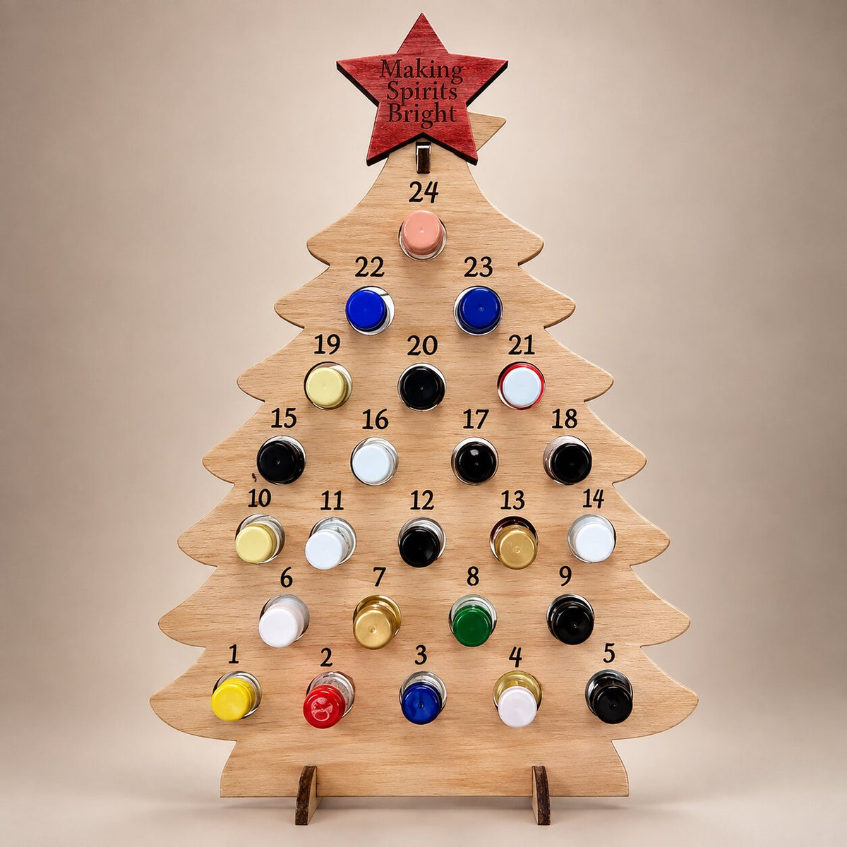 Flaschen-Adventskalender aus Holz 2026 – Weihnachtsbaum mit 24 Flaschenfächern
