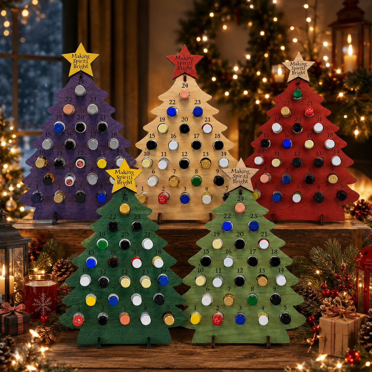 Flaschen-Adventskalender aus Holz 2026 – Weihnachtsbaum mit 24 Flaschenfächern