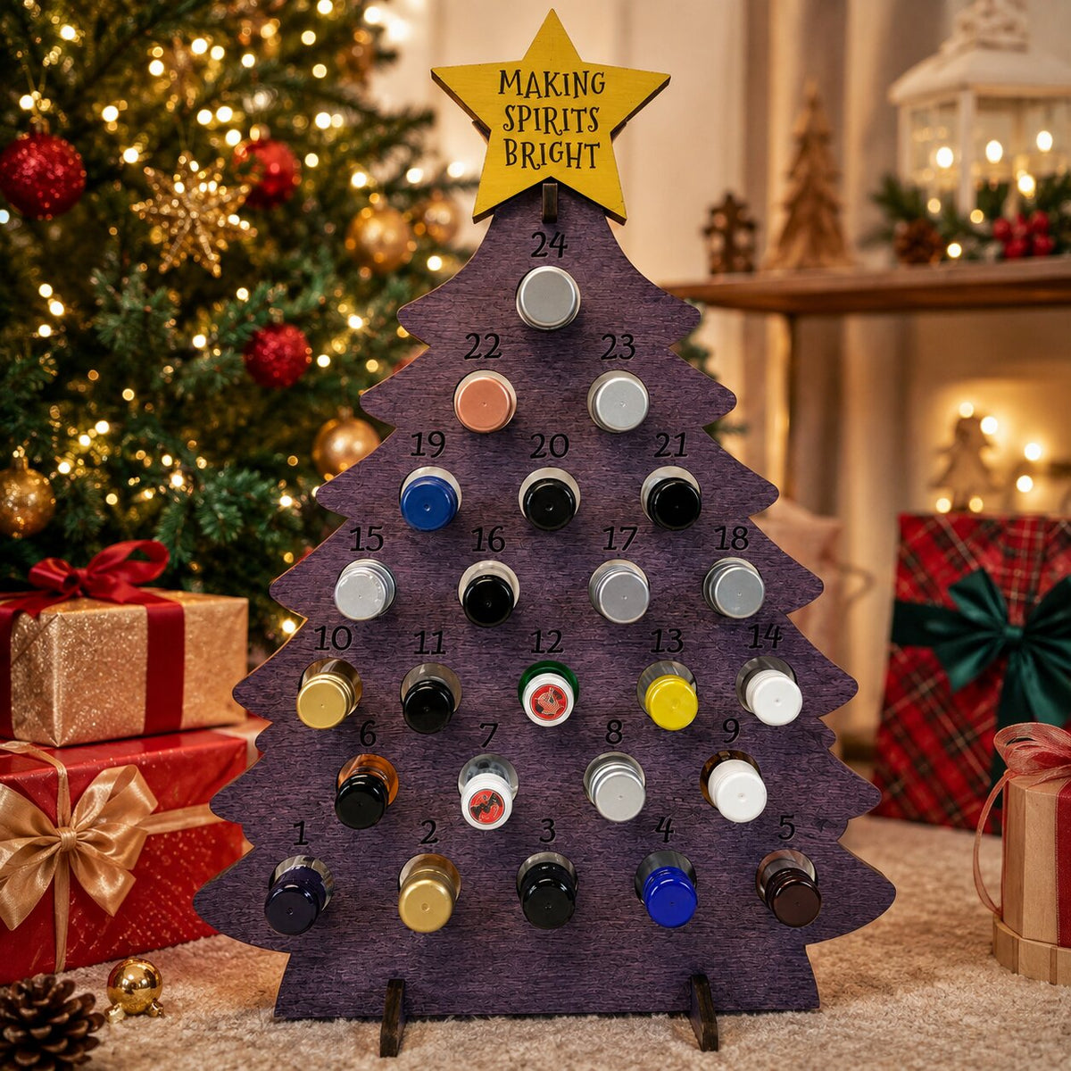Flaschen-Adventskalender aus Holz 2026 – Weihnachtsbaum mit 24 Flaschenfächern