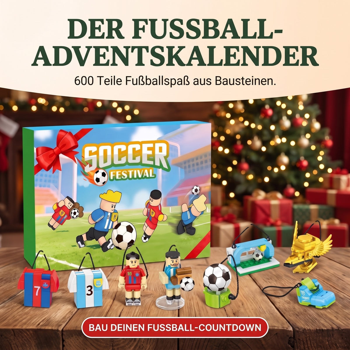 Fußball-Adventskalender Soccer Festival, 600 Teile Bausteinmodelle für den Weihnachtsbaum