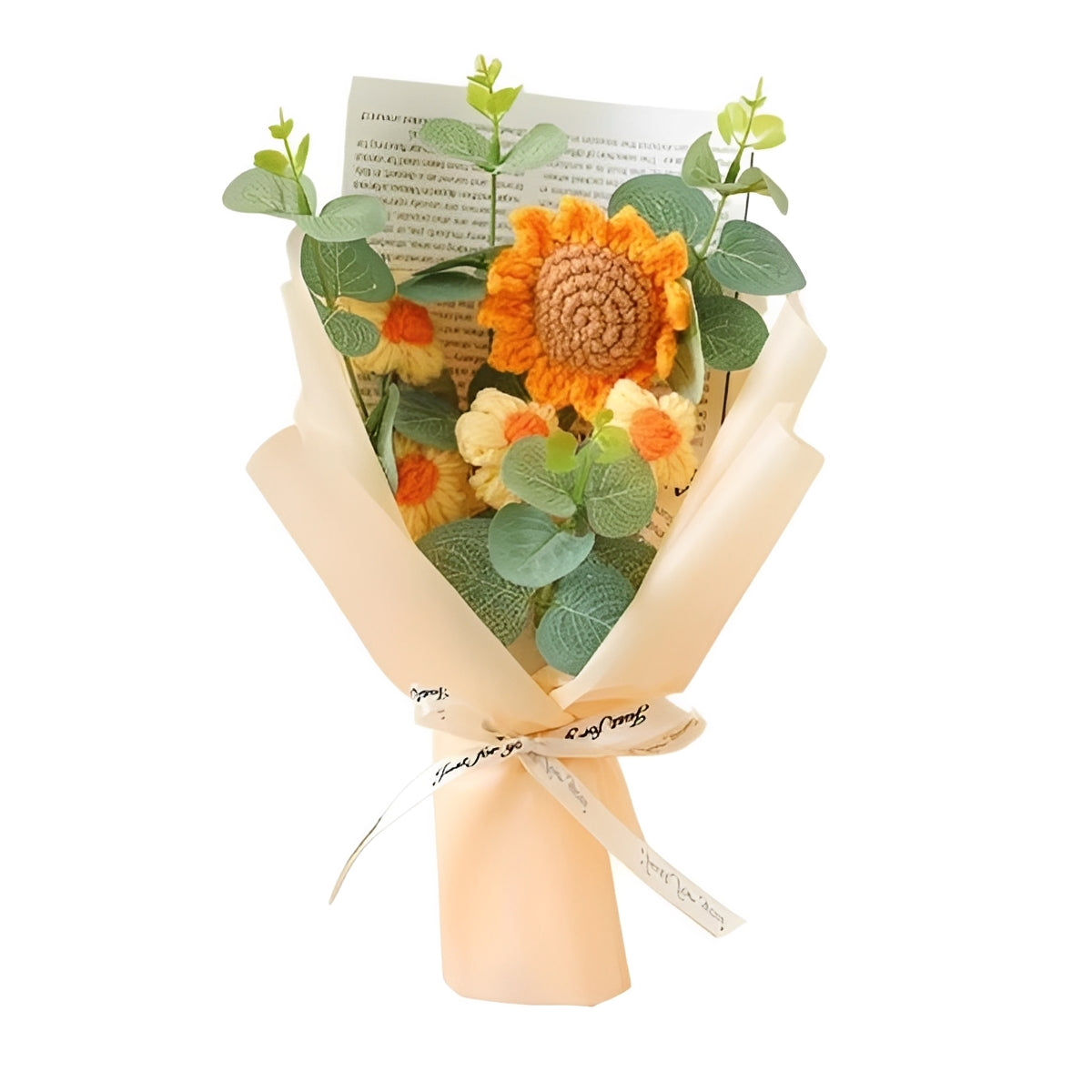 Gehäkelter Blumenstrauß mit Sonnenblumen und Gänseblümchen für Jubiläen und Feiern