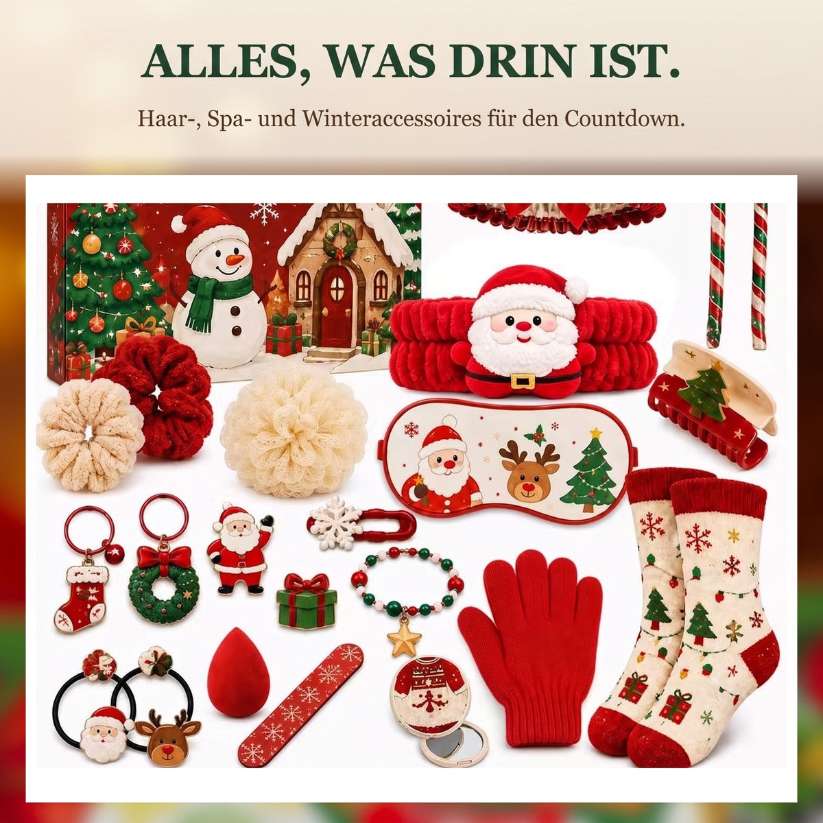 Gemütlicher Weihnachts-Adventskalender mit Accessoires, 24 Tage Haar, Spa und Winter