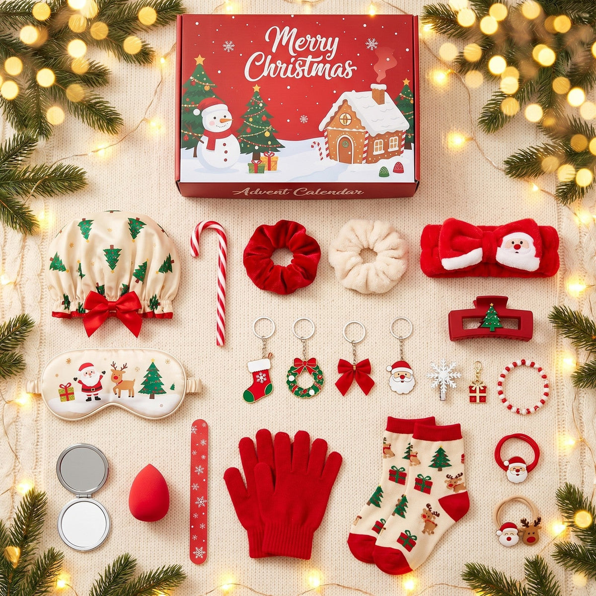 Gemütlicher Weihnachts-Adventskalender mit Accessoires, 24 Tage Haar, Spa und Winter