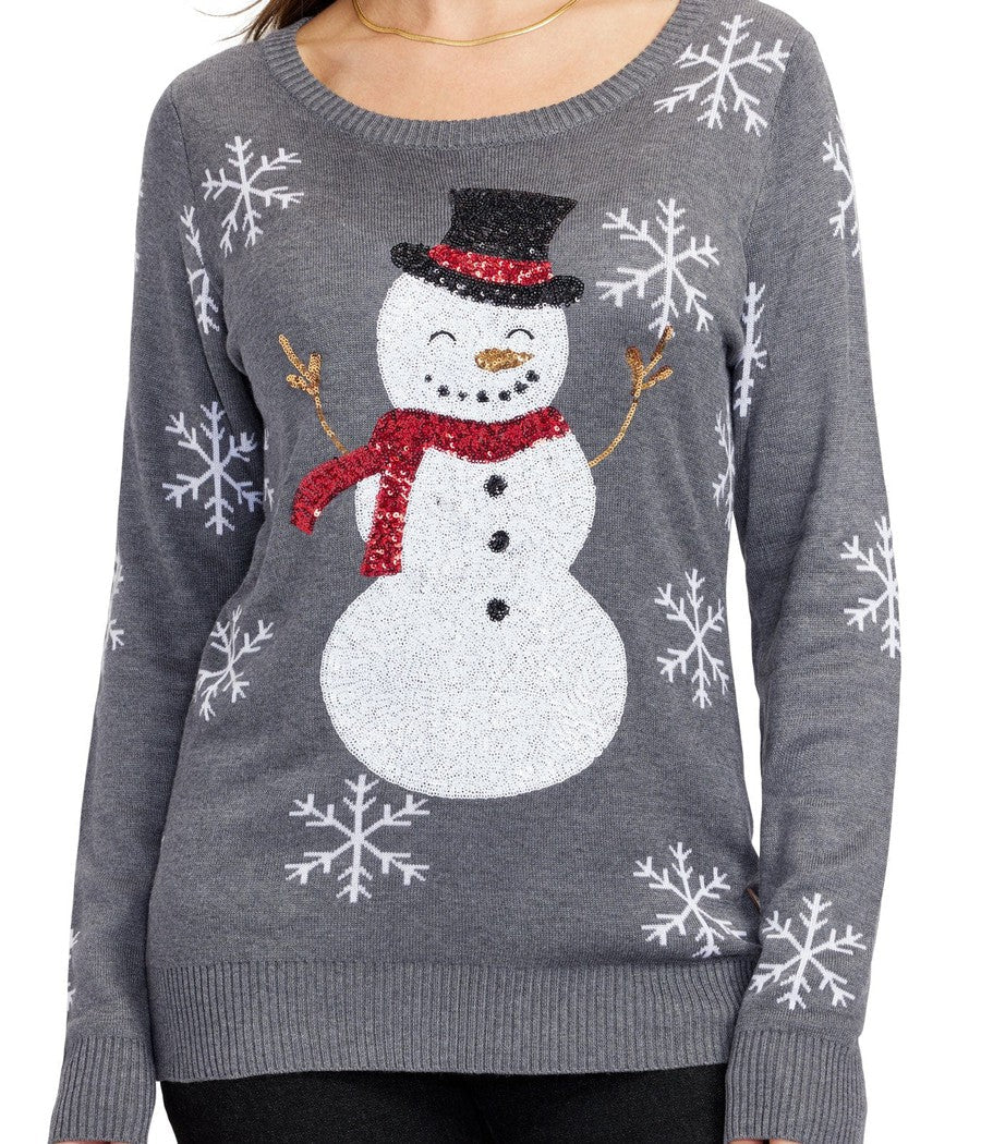 Grauer Damen-Weihnachtspullover mit Schneemann-Motiv und Pailletten-Schneeflocken auf den Ärmeln