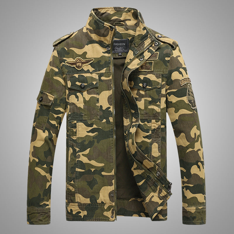 Herren-Feldjacke mit Camouflage-Muster aus strapazierfähigem Canvas mit Schulterklappen, mehreren Taschen und Stehkragen Mune Fashion