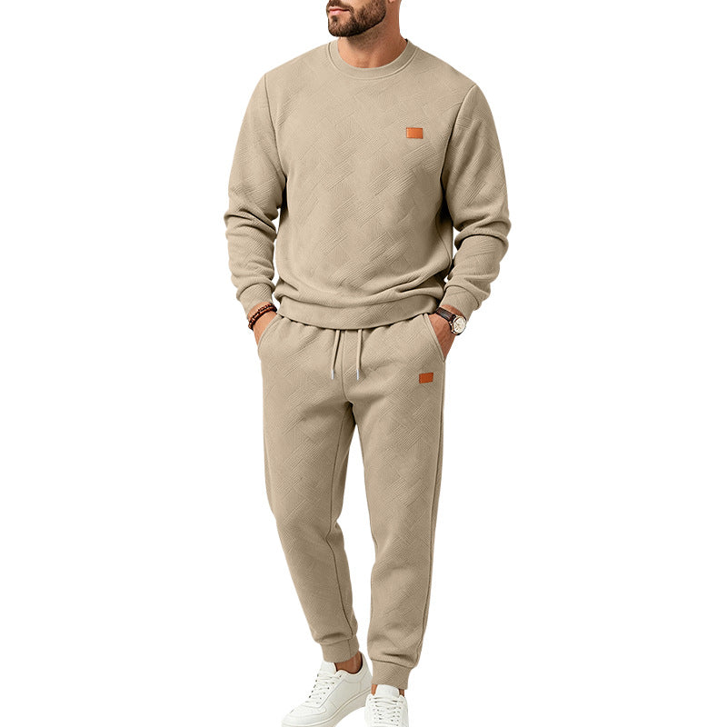 Herren-Freizeit-Jogginganzug aus Strukturfleece mit Rundhalsausschnitt, Kordelbund und Taschen