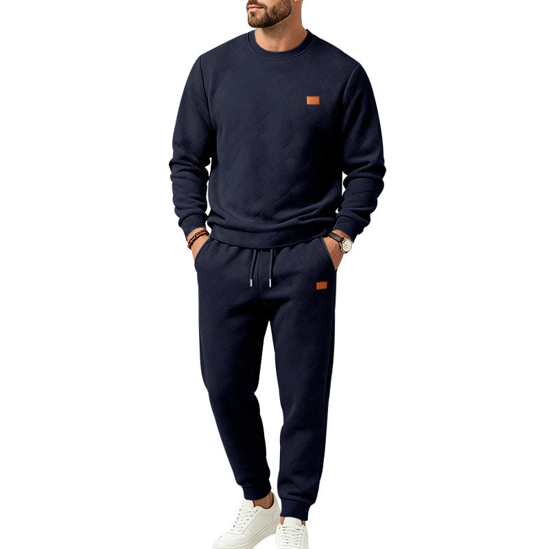 Herren-Freizeit-Jogginganzug aus Strukturfleece mit Rundhalsausschnitt, Kordelbund und Taschen