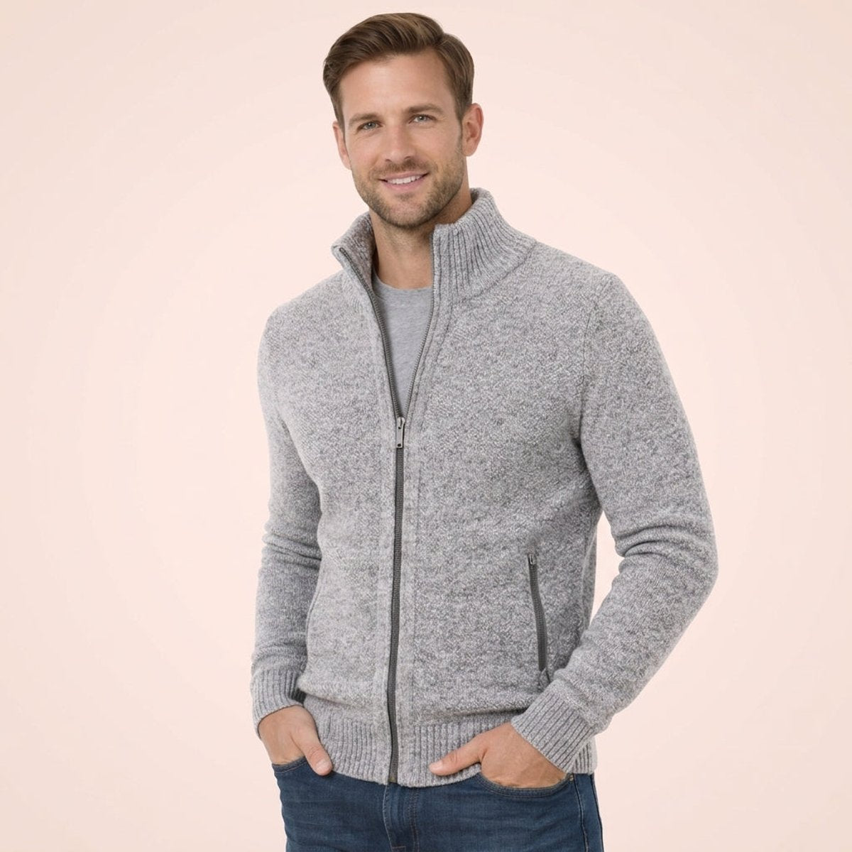 Herren-Strickjacke aus Merinowolle mit Reißverschluss und Stehkragen