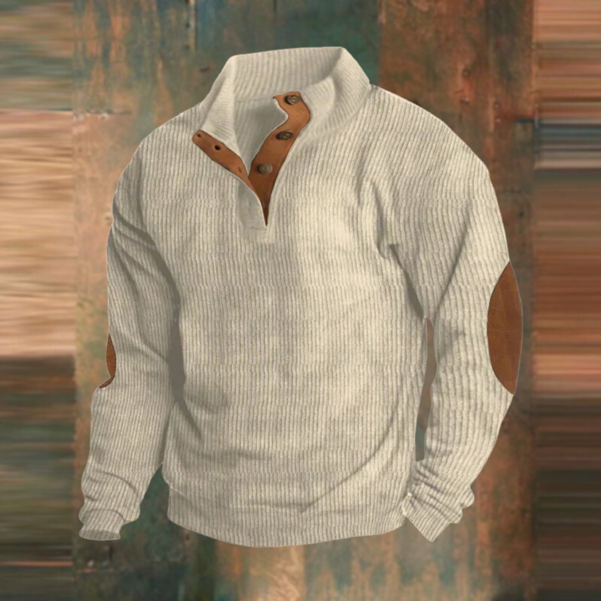 Herren-Strickpullover mit Rippstruktur, Stehkragen und Ellenbogen-Patches