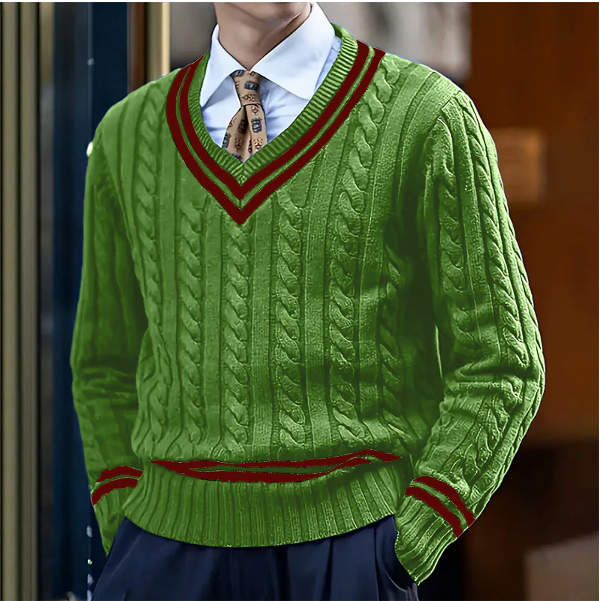 Herren-Strickpullover mit Zopfmuster und V-Ausschnitt