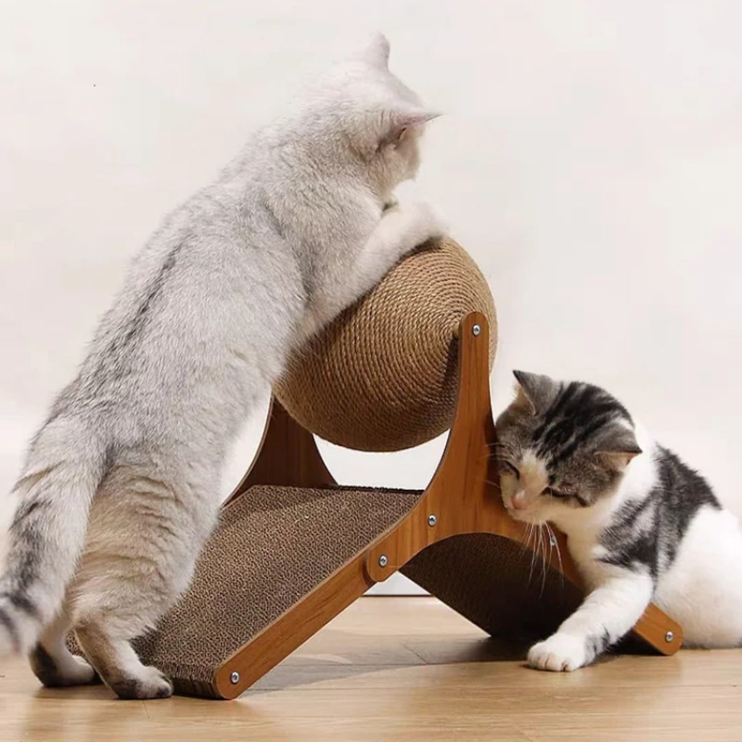 Interaktives Katzenspielzeug mit rotierendem Sisal-Kratzball und Kratzrampe aus Pappe