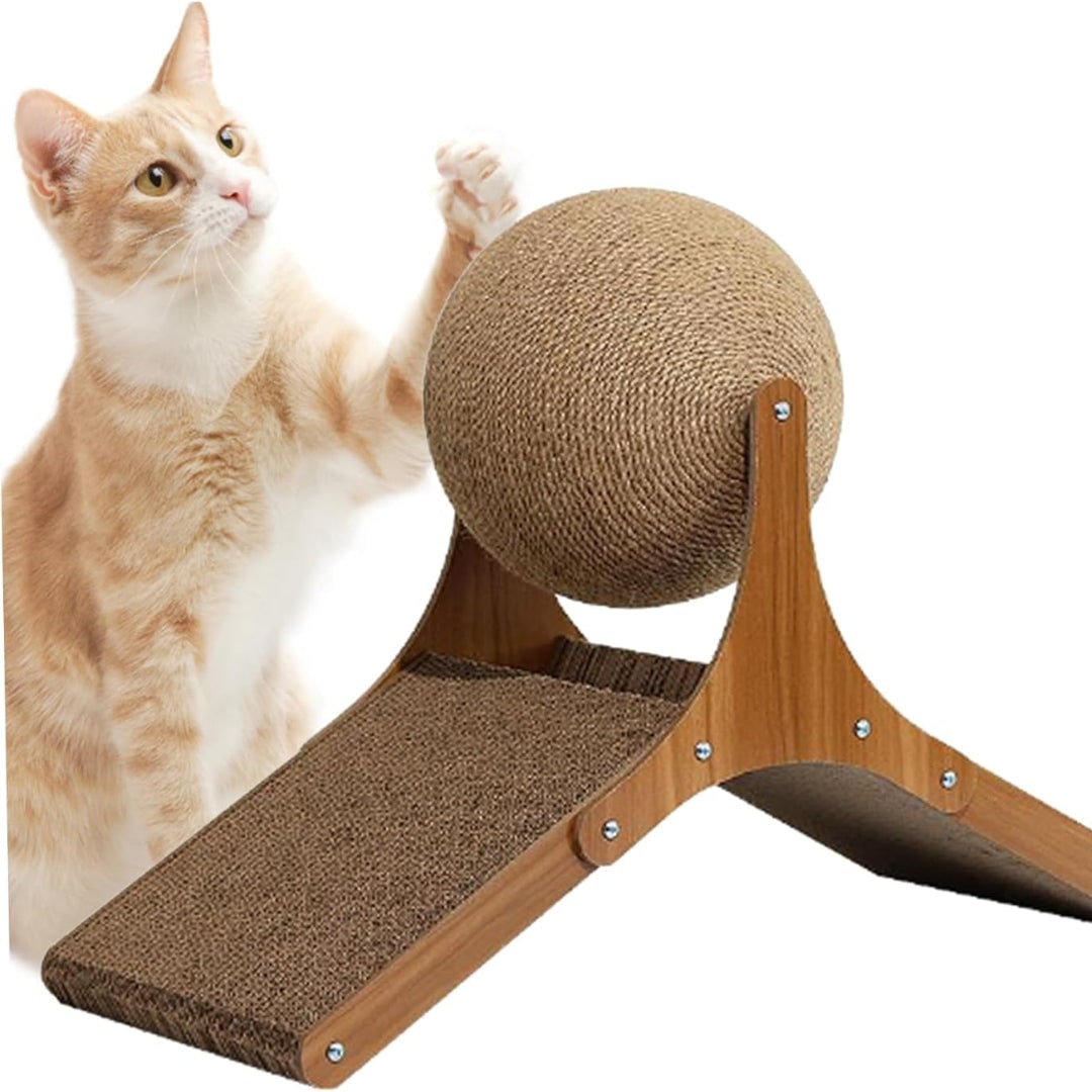 Interaktives Katzenspielzeug mit rotierendem Sisal-Kratzball und Kratzrampe aus Pappe