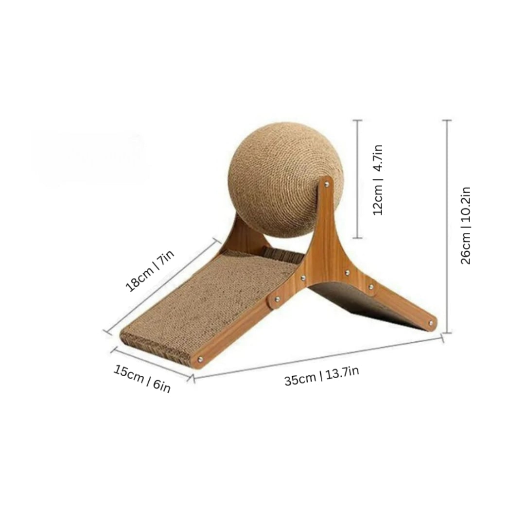 Interaktives Katzenspielzeug mit rotierendem Sisal-Kratzball und Kratzrampe aus Pappe