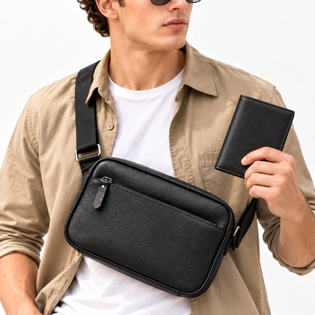 Kompakte Crossbody-Umhängetasche aus echtem Leder mit verstellbarem Riemen