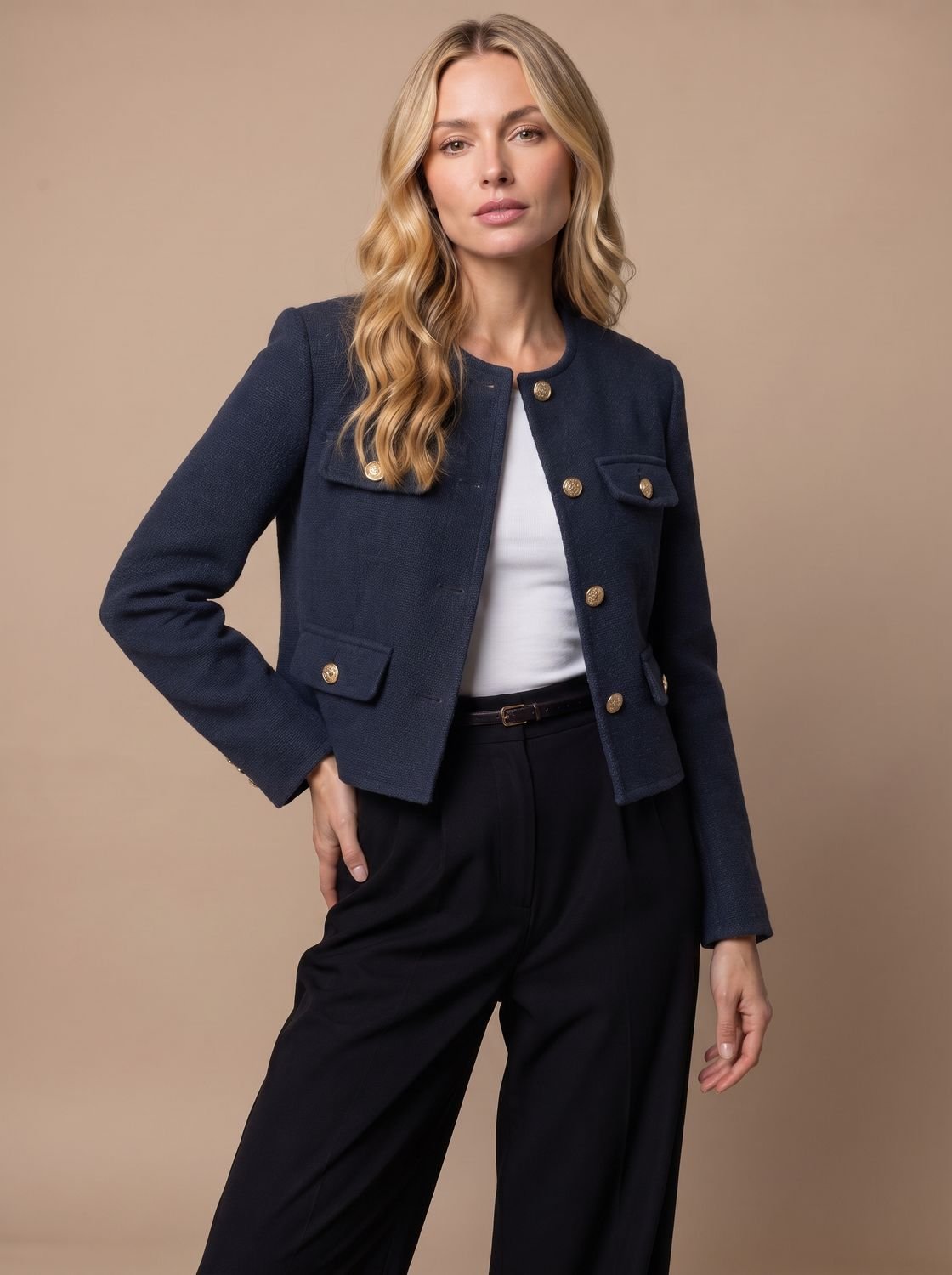 Kurzer kragenloser Damen-Tweedblazer mit goldenen Knöpfen und Pattentaschen