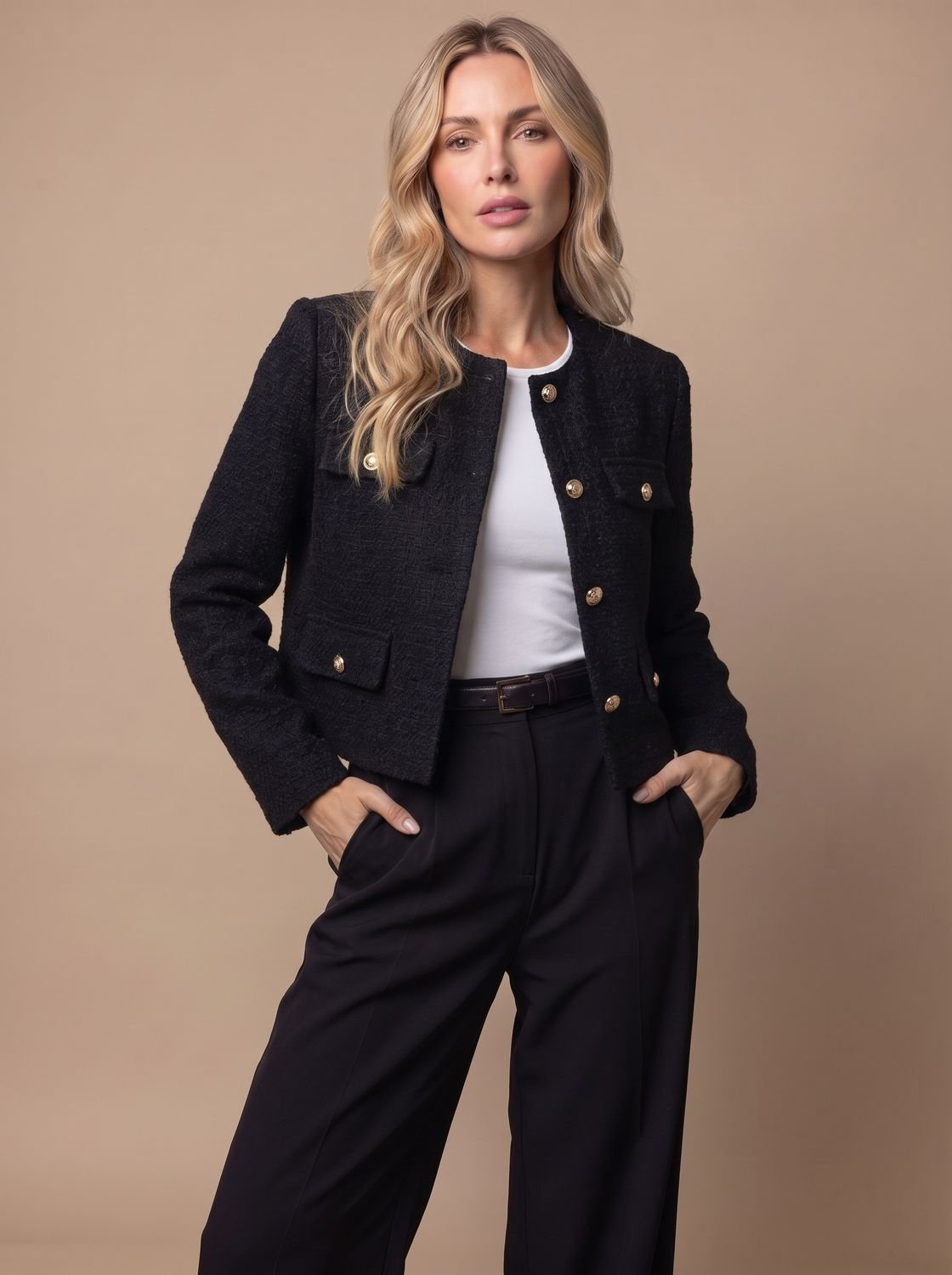 Kurzer kragenloser Damen-Tweedblazer mit goldenen Knöpfen und Pattentaschen