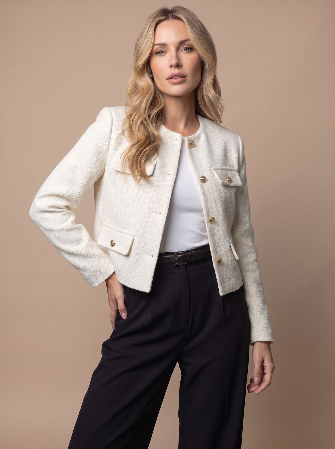 Kurzer kragenloser Damen-Tweedblazer mit goldenen Knöpfen und Pattentaschen