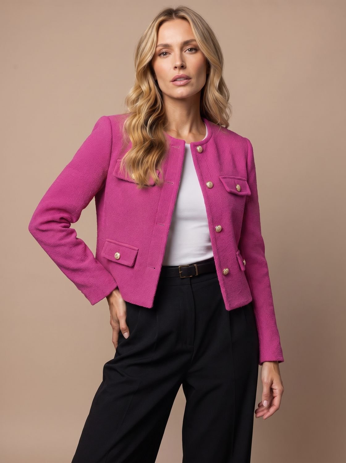 Kurzer kragenloser Damen-Tweedblazer mit goldenen Knöpfen und Pattentaschen