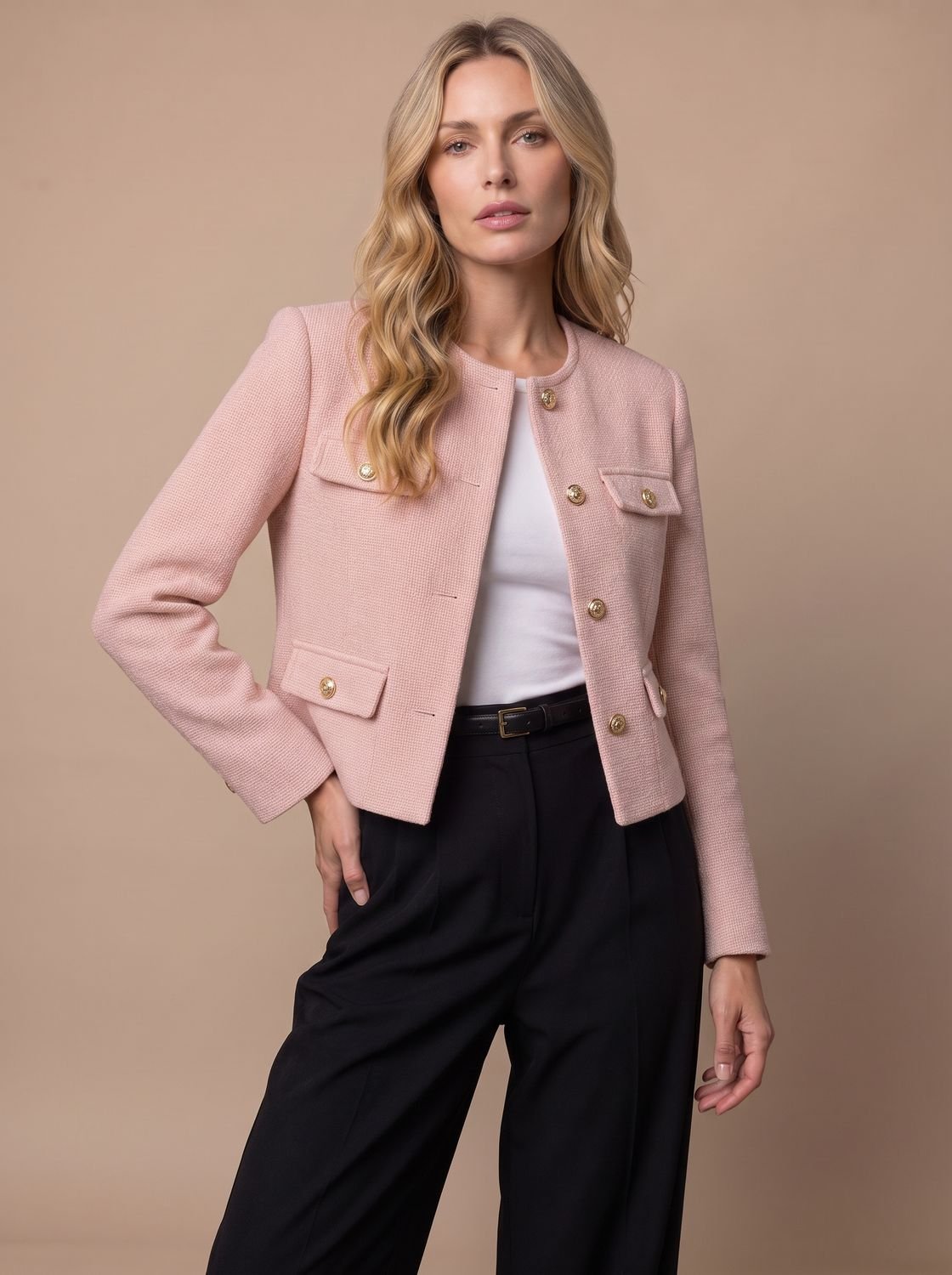 Kurzer kragenloser Damen-Tweedblazer mit goldenen Knöpfen und Pattentaschen