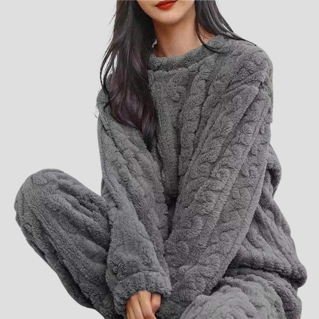 Kuscheliges Damen-Teddy-Schlafanzugset mit Zopfmuster