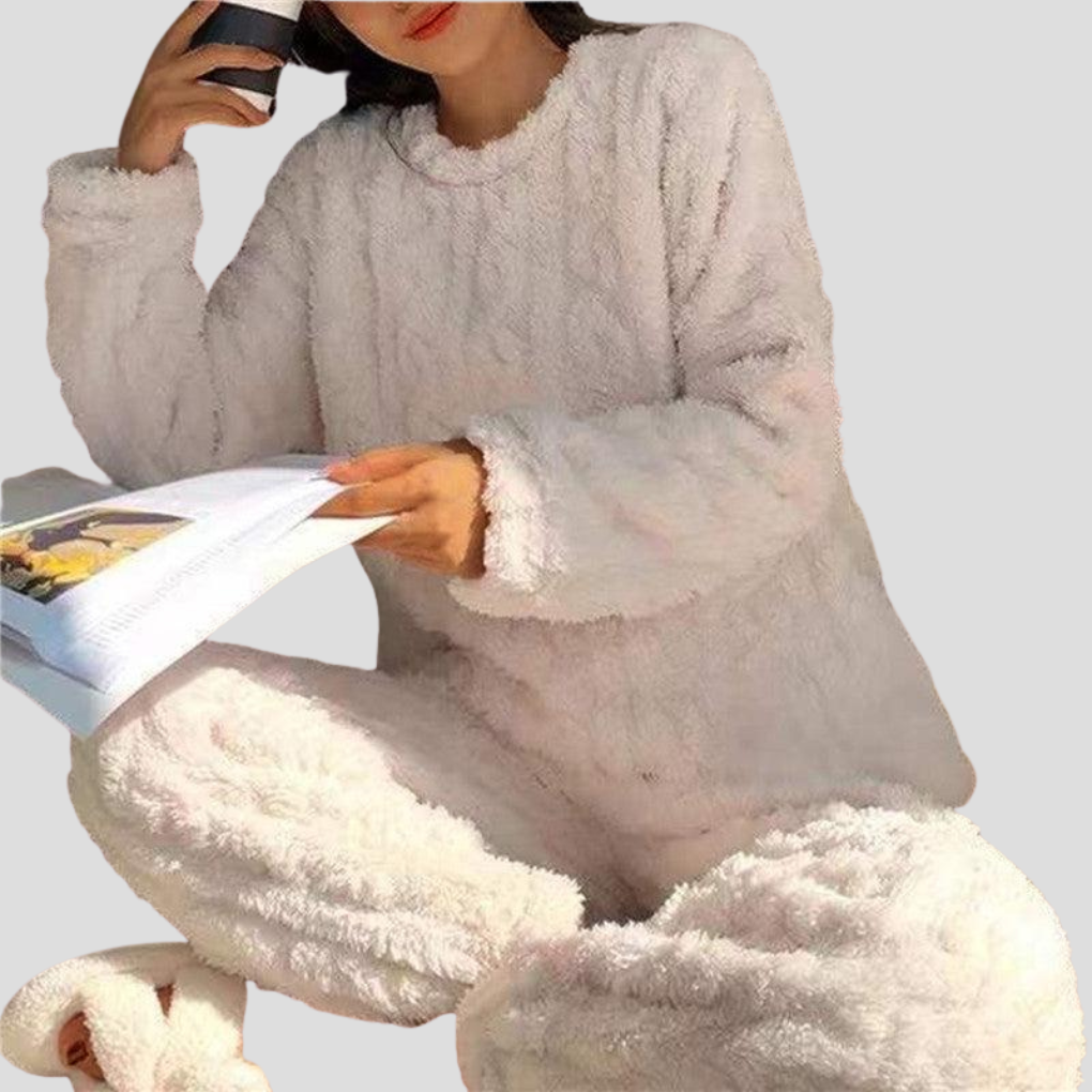 Kuscheliges Damen-Teddy-Schlafanzugset mit Zopfmuster