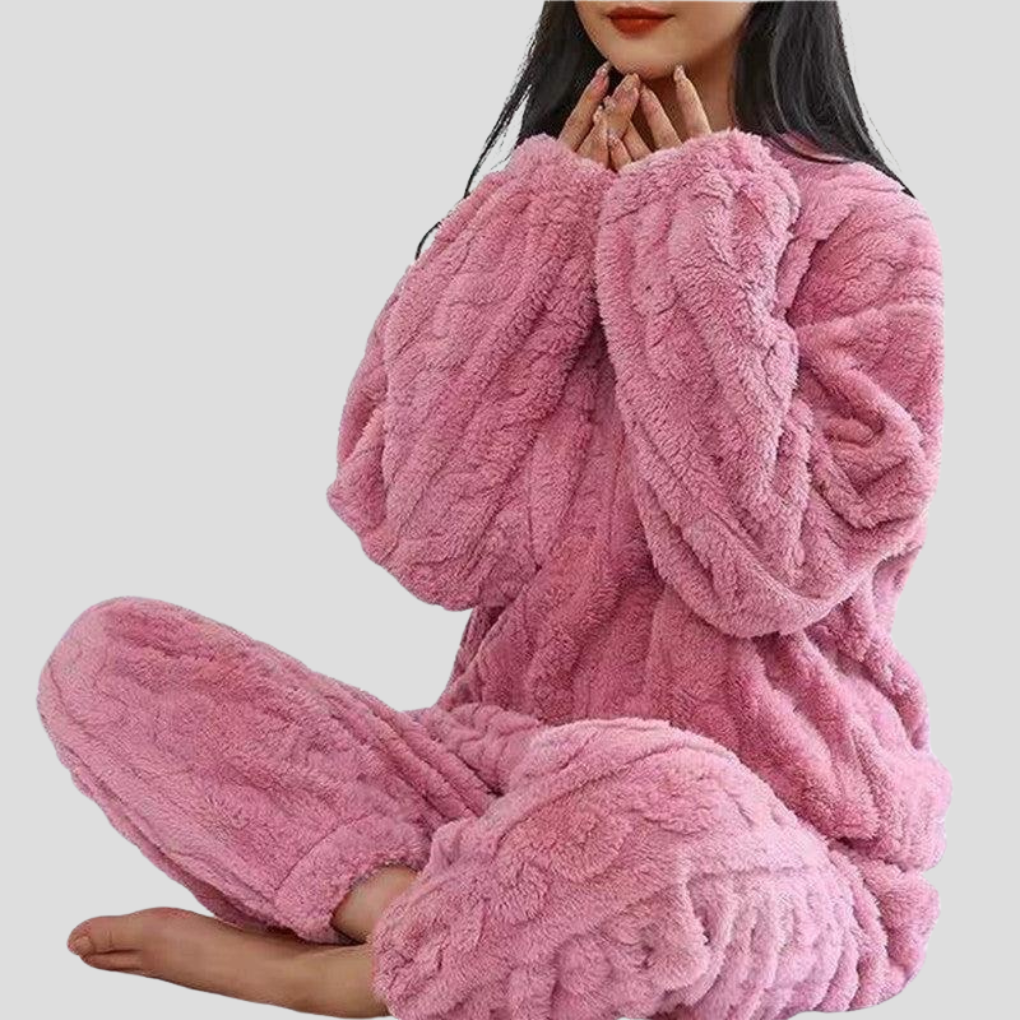 Kuscheliges Damen-Teddy-Schlafanzugset mit Zopfmuster