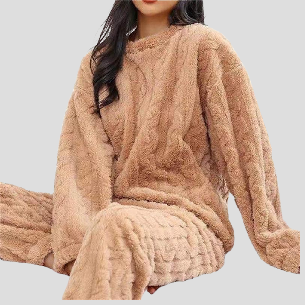 Kuscheliges Damen-Teddy-Schlafanzugset mit Zopfmuster