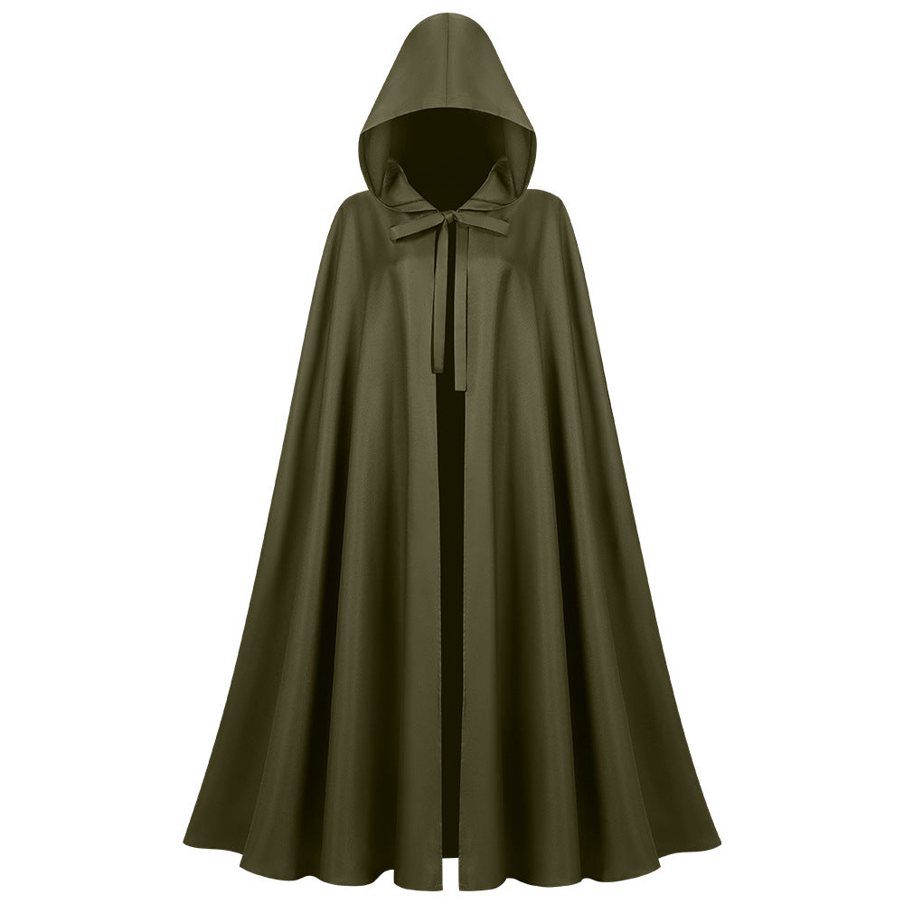 Langes Unisex-Cape mit Kapuze aus wasserabweisendem Polyester mit ausgestelltem Schnitt und Bindeband