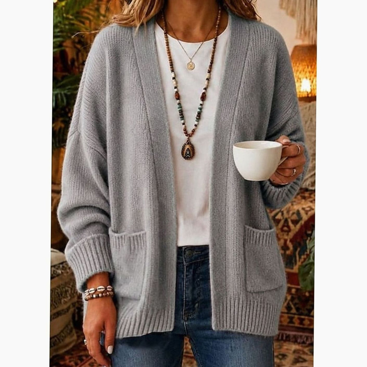 Lässige, offene Damen-Strickjacke mit Taschen