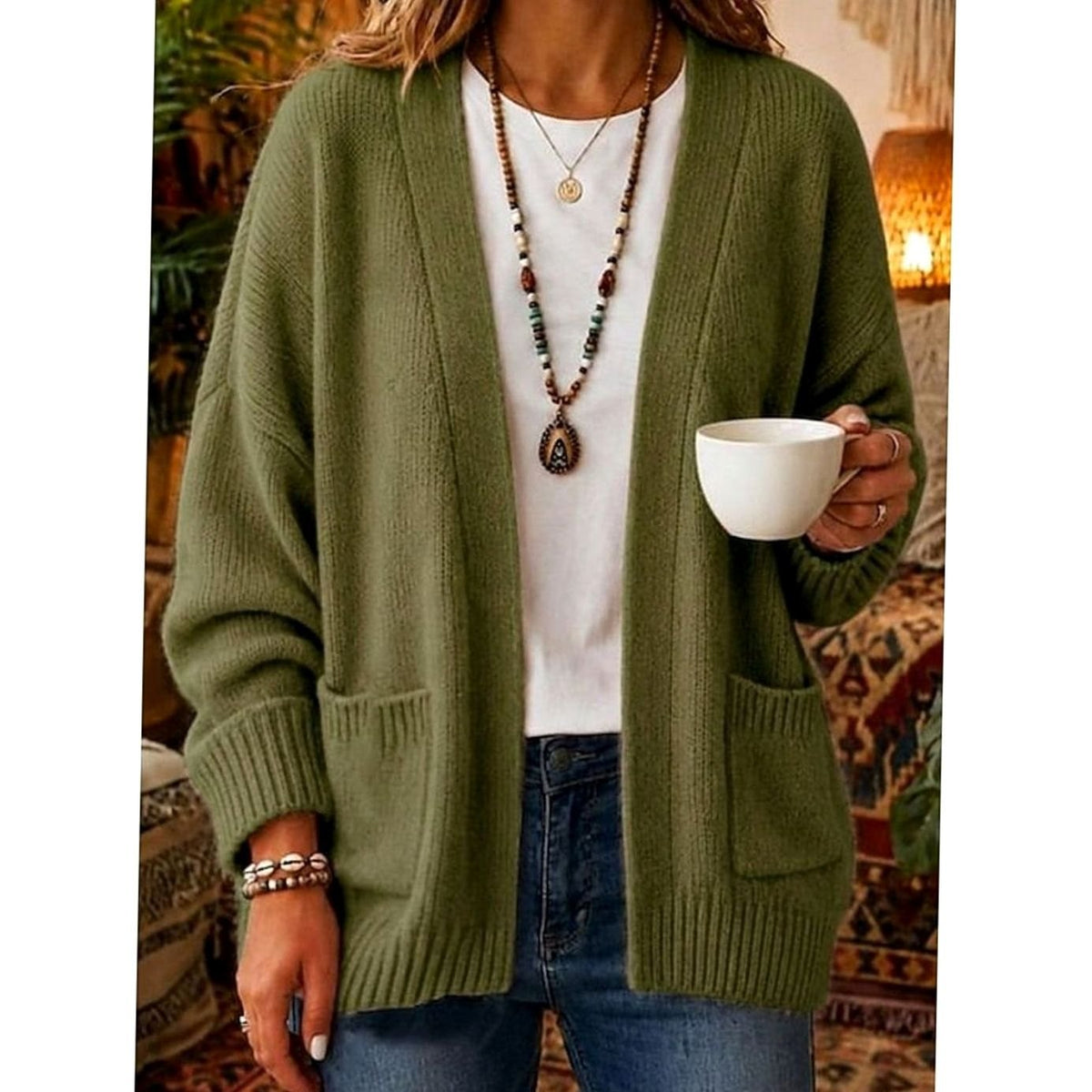 Lässige, offene Damen-Strickjacke mit Taschen