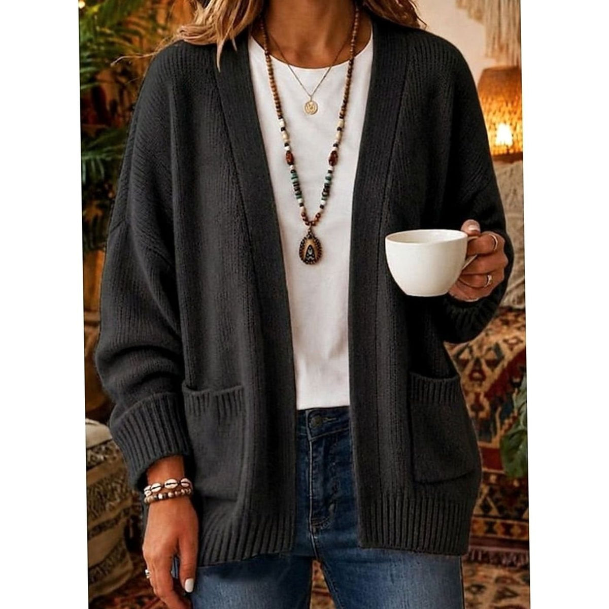 Lässige, offene Damen-Strickjacke mit Taschen