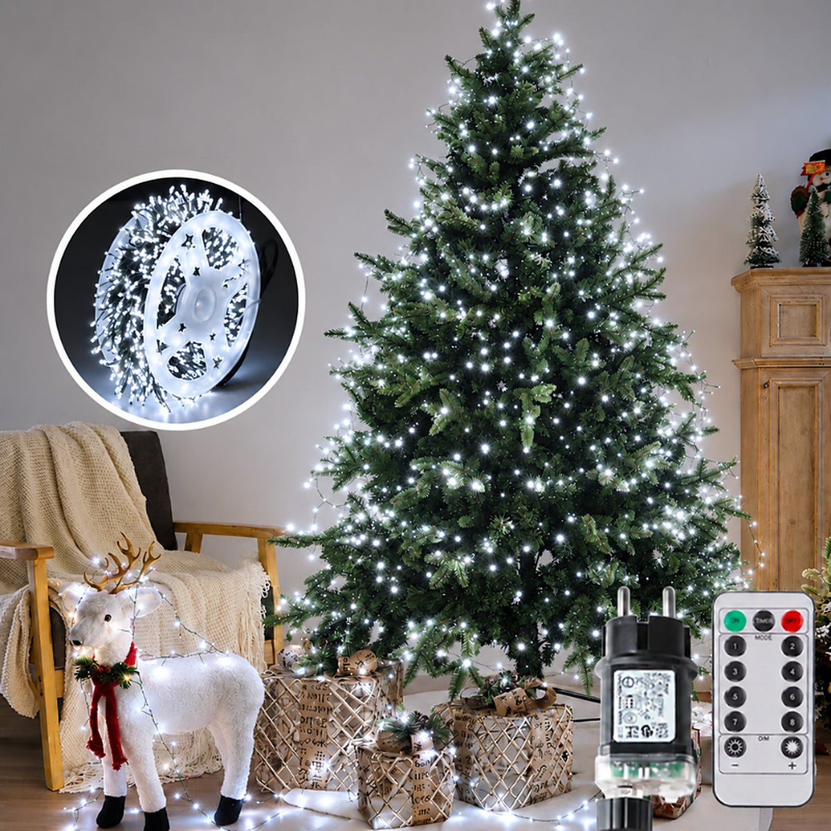 LED-Cluster-Lichterkette für den Weihnachtsbaum mit grünem Kabel und Fernbedienung