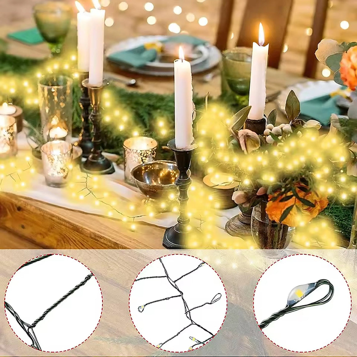 LED-Cluster-Lichterkette für den Weihnachtsbaum mit grünem Kabel und Fernbedienung