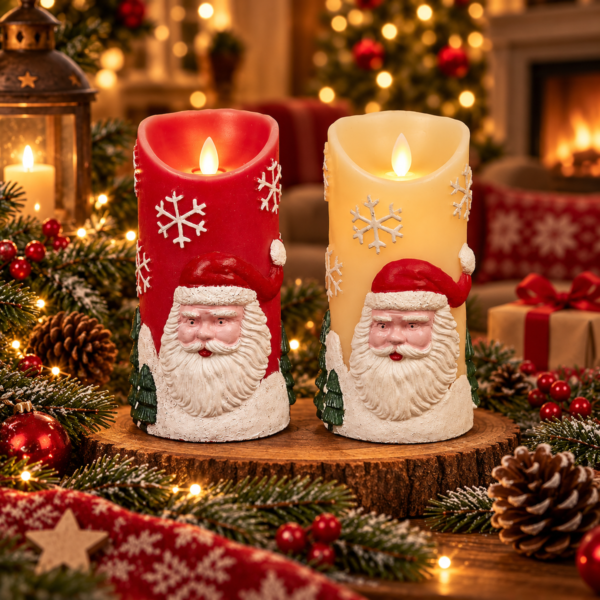 LED-Kerze mit Weihnachtsmotiv – Ø 9 x 18 cm – (Rot oder Weiß)