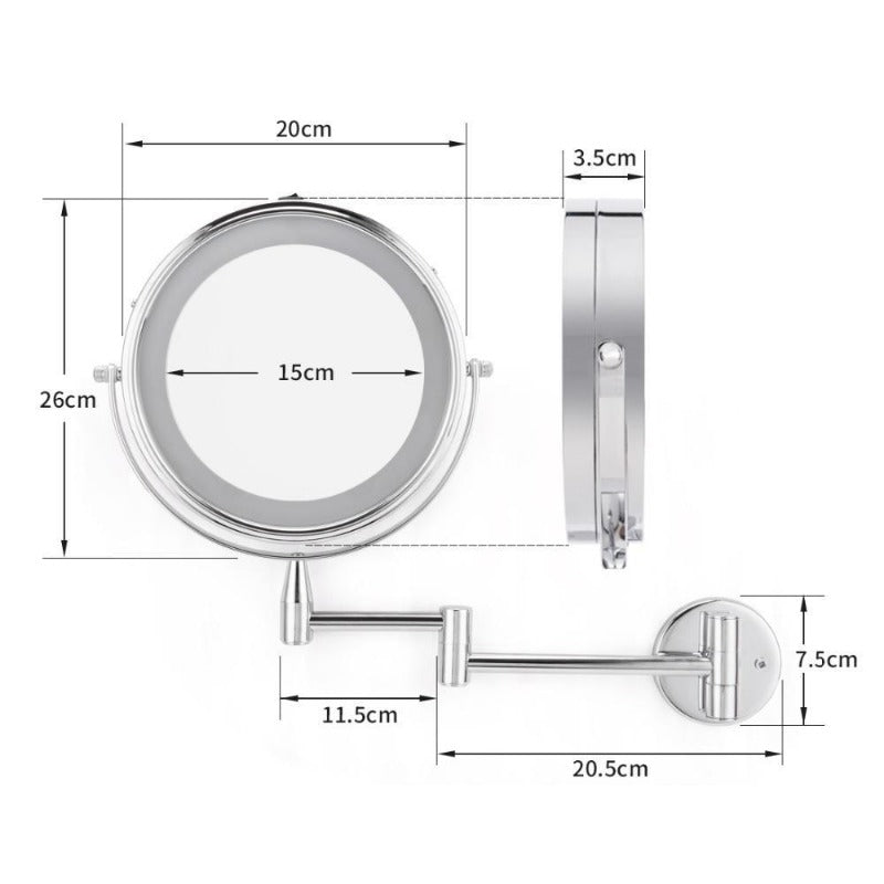 LED-Kosmetikspiegel mit Doppelarm, 1-fache und 7-fache Vergrößerung, Wandmontage