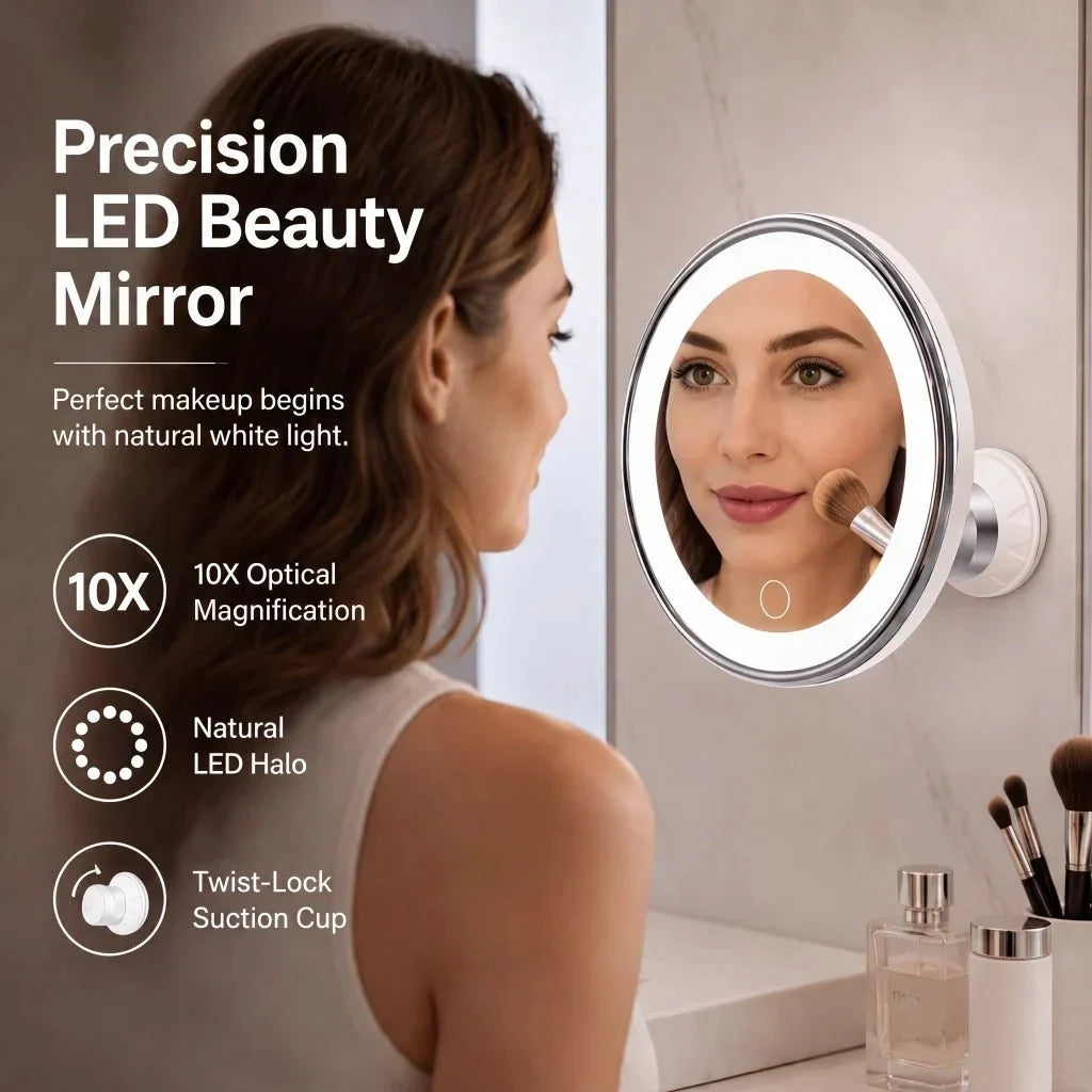 LED-Schminkspiegel mit 10-facher Vergrößerung, Saugnapf und 360° Drehbarkeit