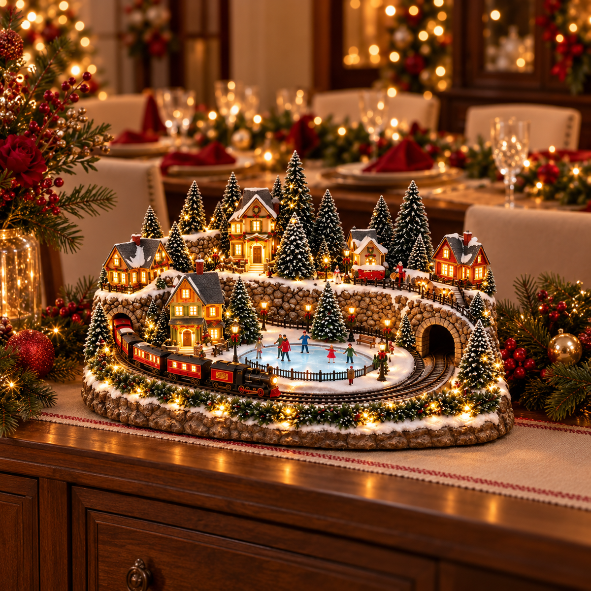 Magischer Weihnachtszug und Eisbahn