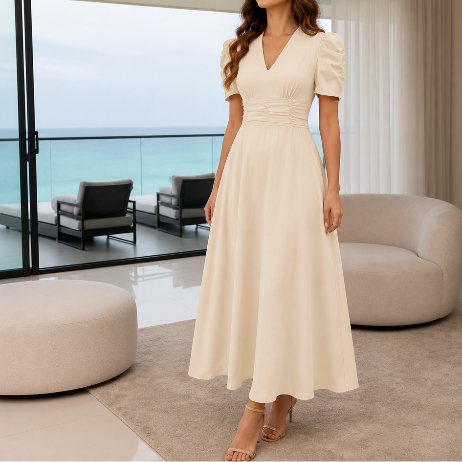 Midikleid mit V-Ausschnitt, Puffärmeln und geraffter Taille