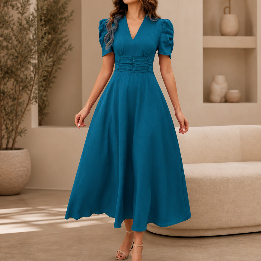 Midikleid mit V-Ausschnitt, Puffärmeln und geraffter Taille
