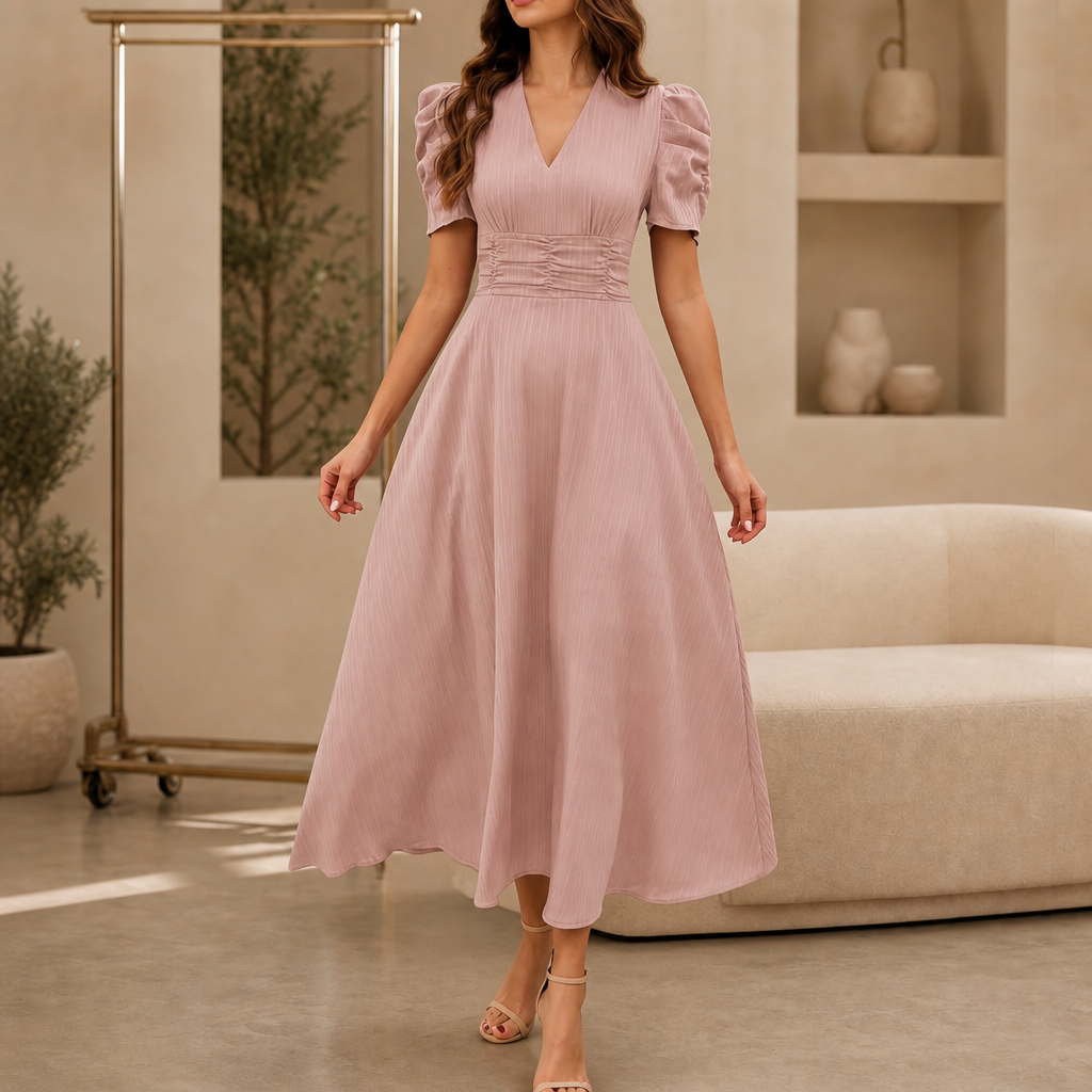 Midikleid mit V-Ausschnitt, Puffärmeln und geraffter Taille