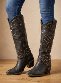 Orthopädische kniehohe Cowboystiefel für Damen mit Nieten und spitzer Zehenpartie