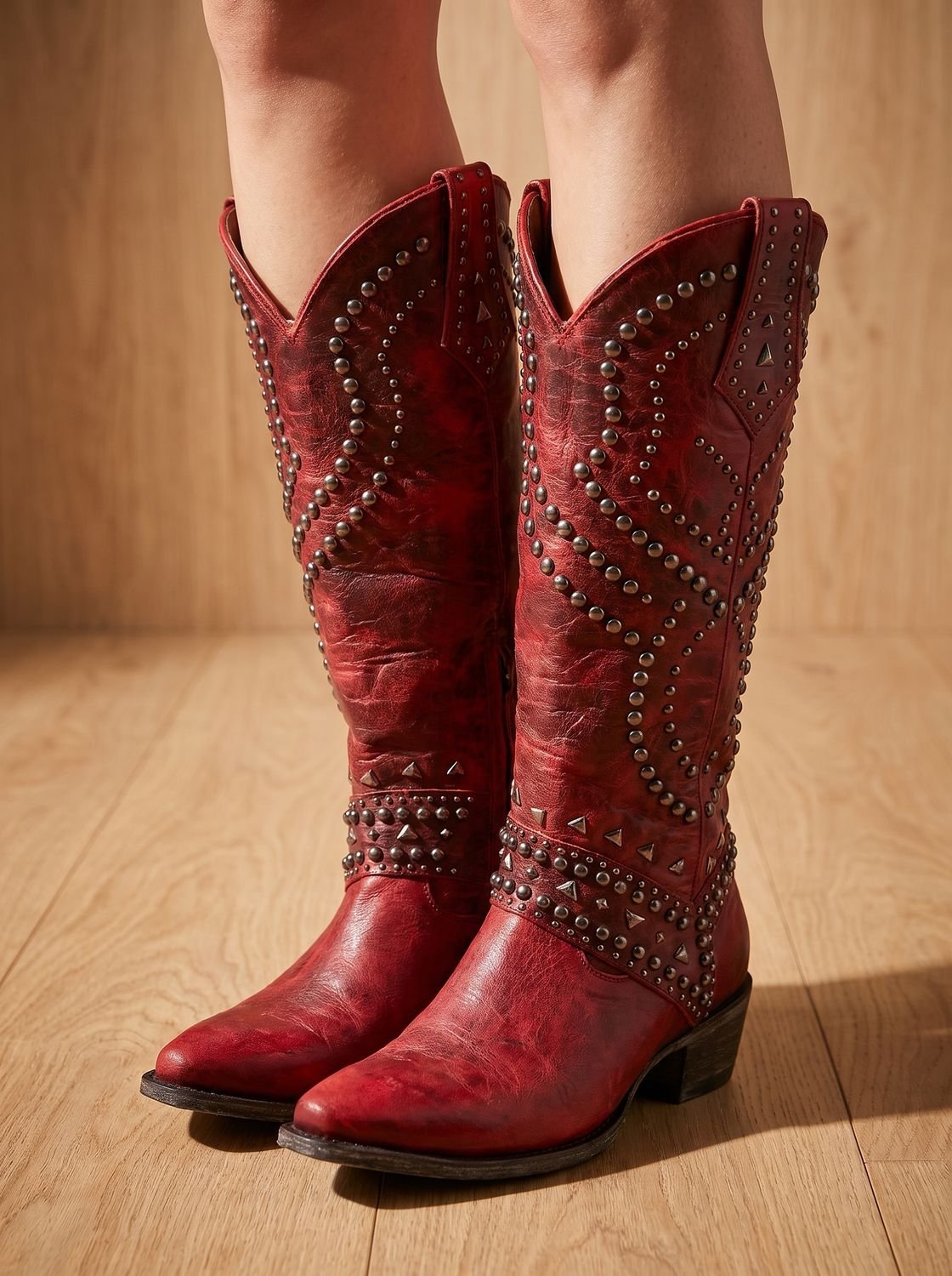 Orthopädische kniehohe Cowboystiefel für Damen mit Nieten und spitzer Zehenpartie