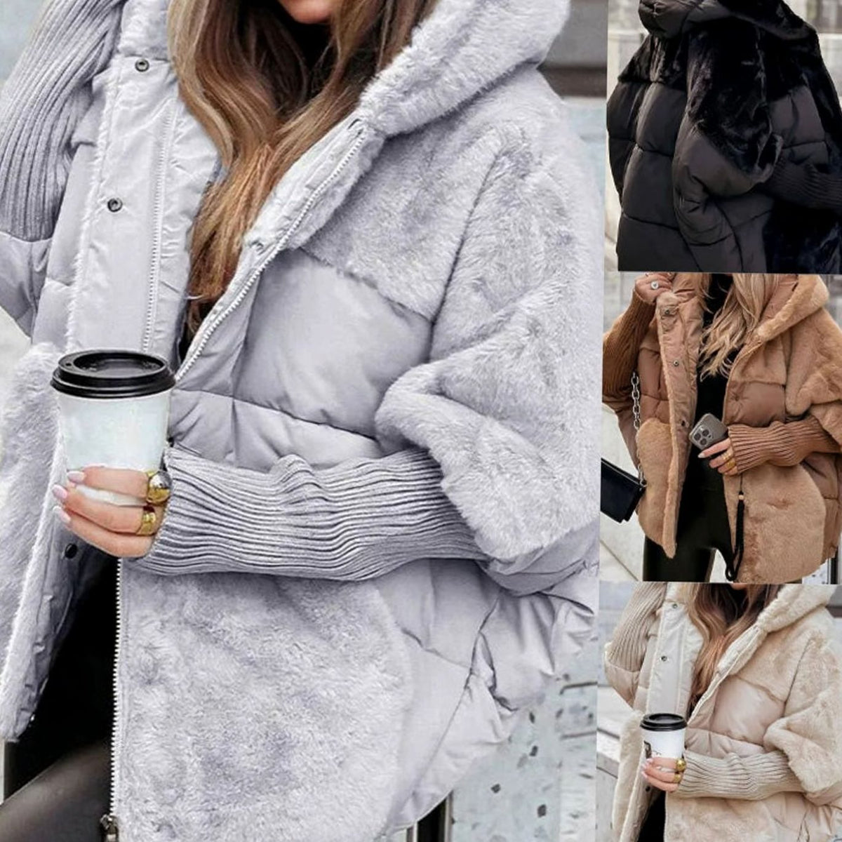 Oversize-Steppwinterjacke für Damen mit Kapuze und Kunstfell