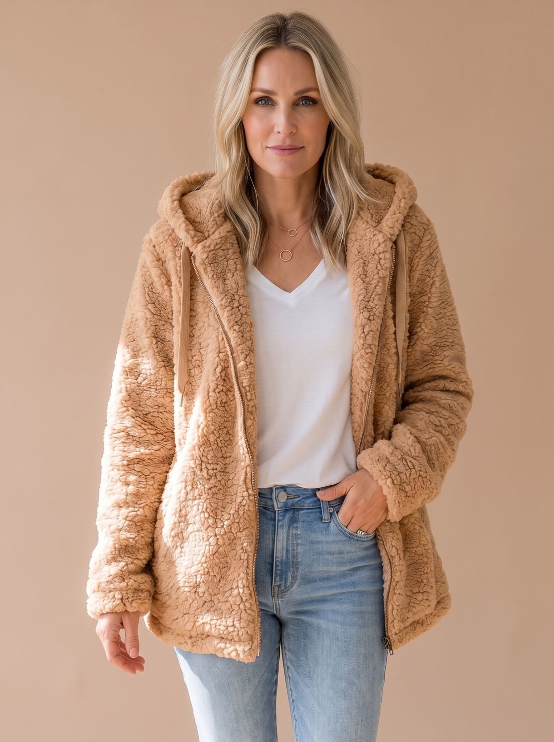Oversized Teddyfleece-Damenjacke mit Kapuze und Reißverschluss