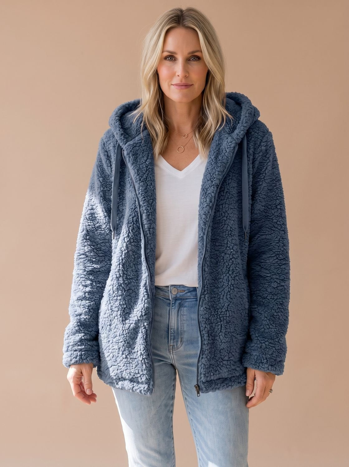 Oversized Teddyfleece-Damenjacke mit Kapuze und Reißverschluss